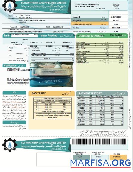 Blank Pakistan Sui Northern Gas Pipelines Limited utility bill template in Word and PDF formats, version 2